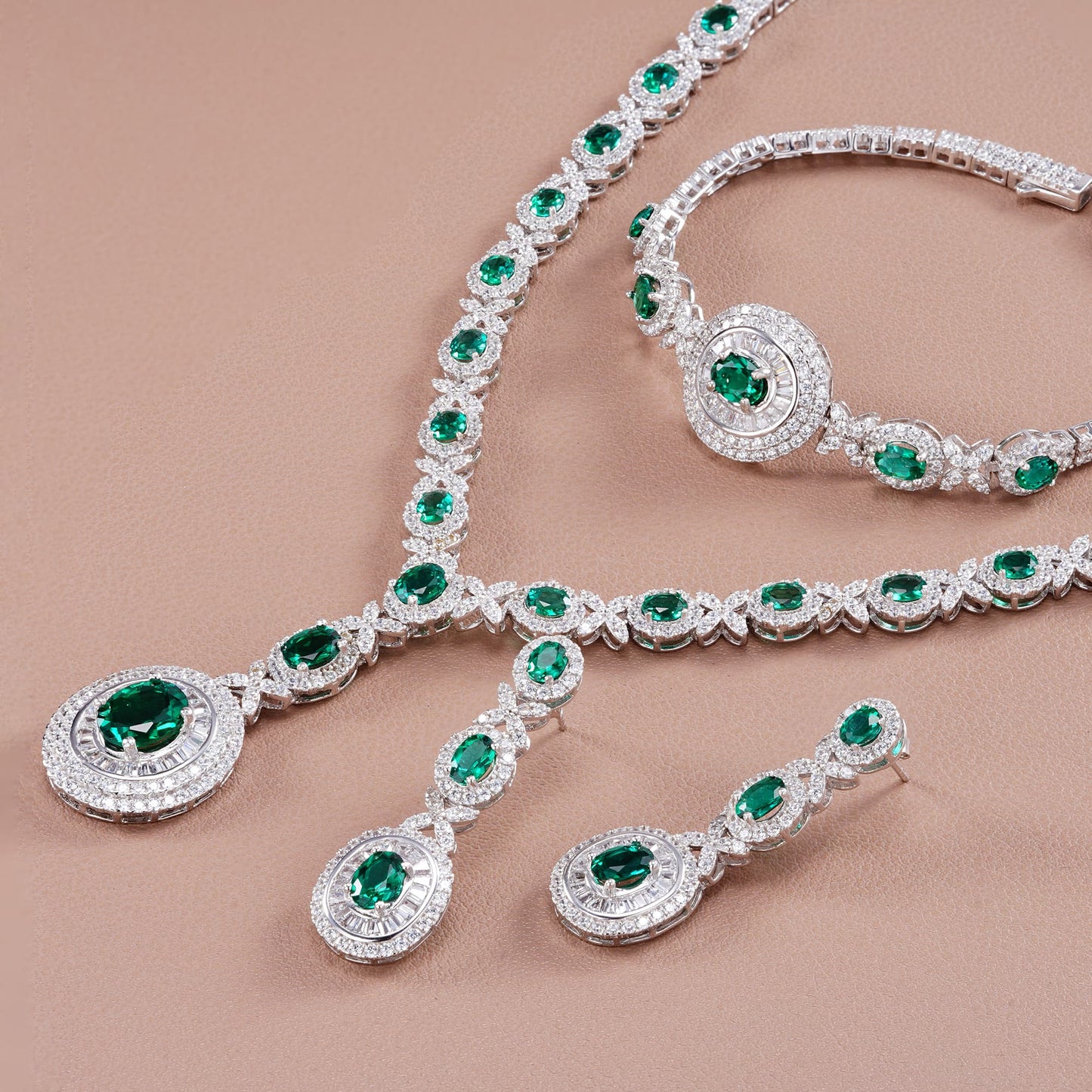 Oval Lab Emerald S925 Set | Silver Jewelry, Custom Available
