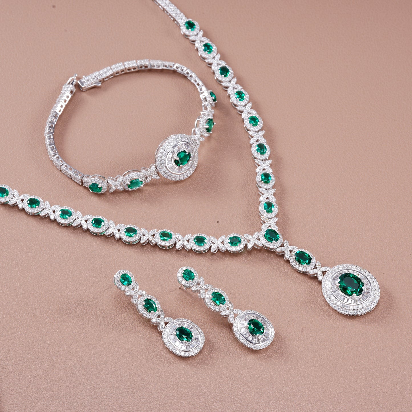Oval Lab Emerald S925 Set | Silver Jewelry, Custom Available