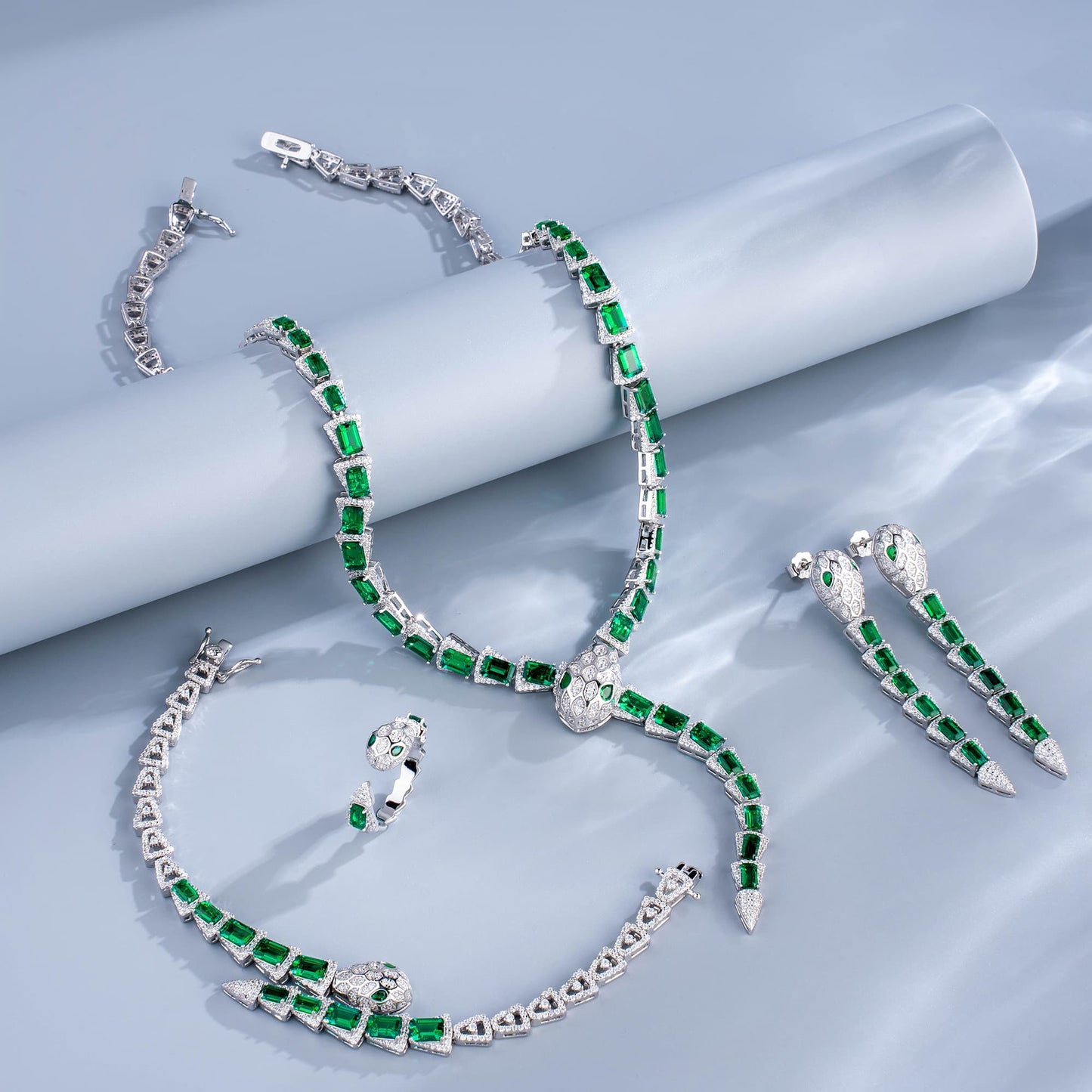 Rectangle Lab Emerald S925 Set | Silver Jewelry, Custom Available