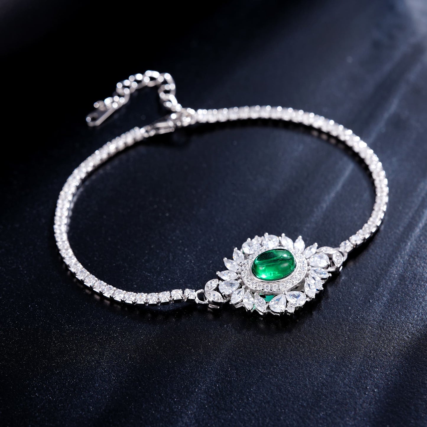 7*9 2.5 Ct Oval Lab Emerald Bracelet | Rhodium-Plated S925 Silver, Custom Available