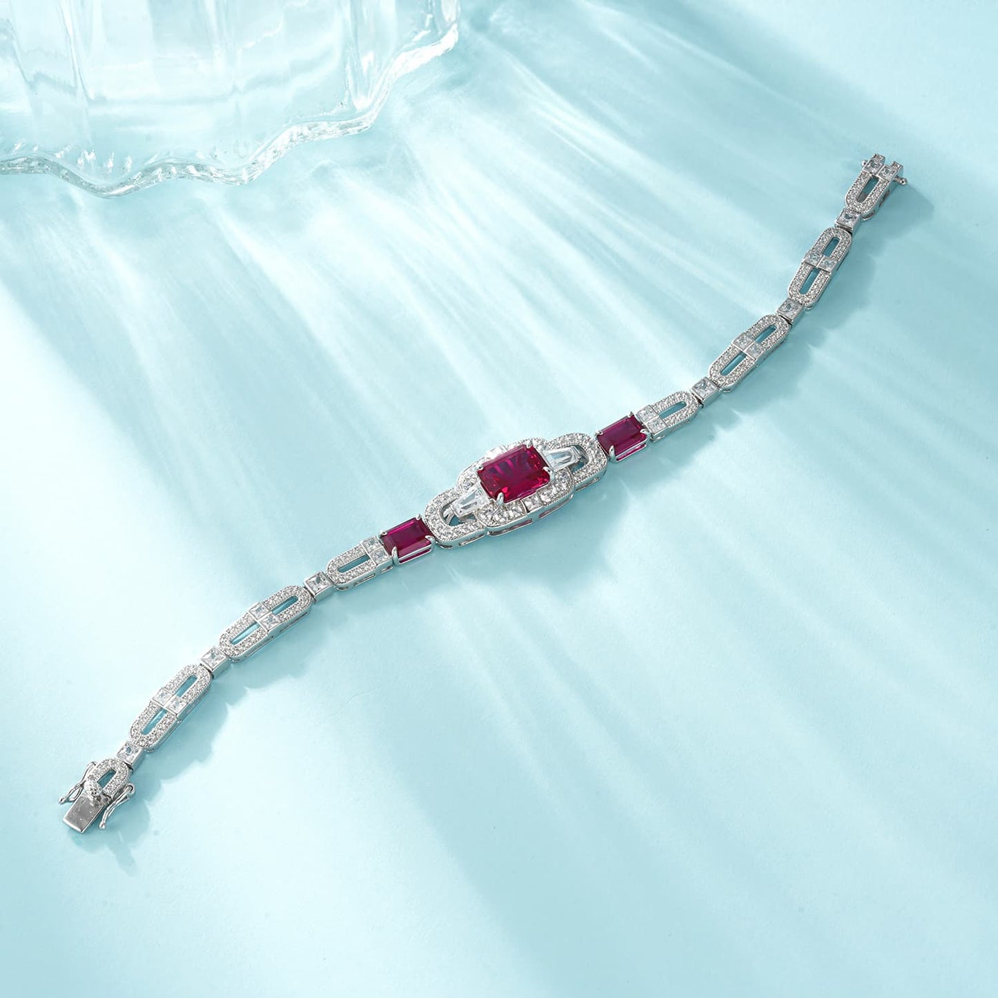 Baguette Lab Ruby Bracelet | Rhodium-Plated S925 Silver, Custom Available