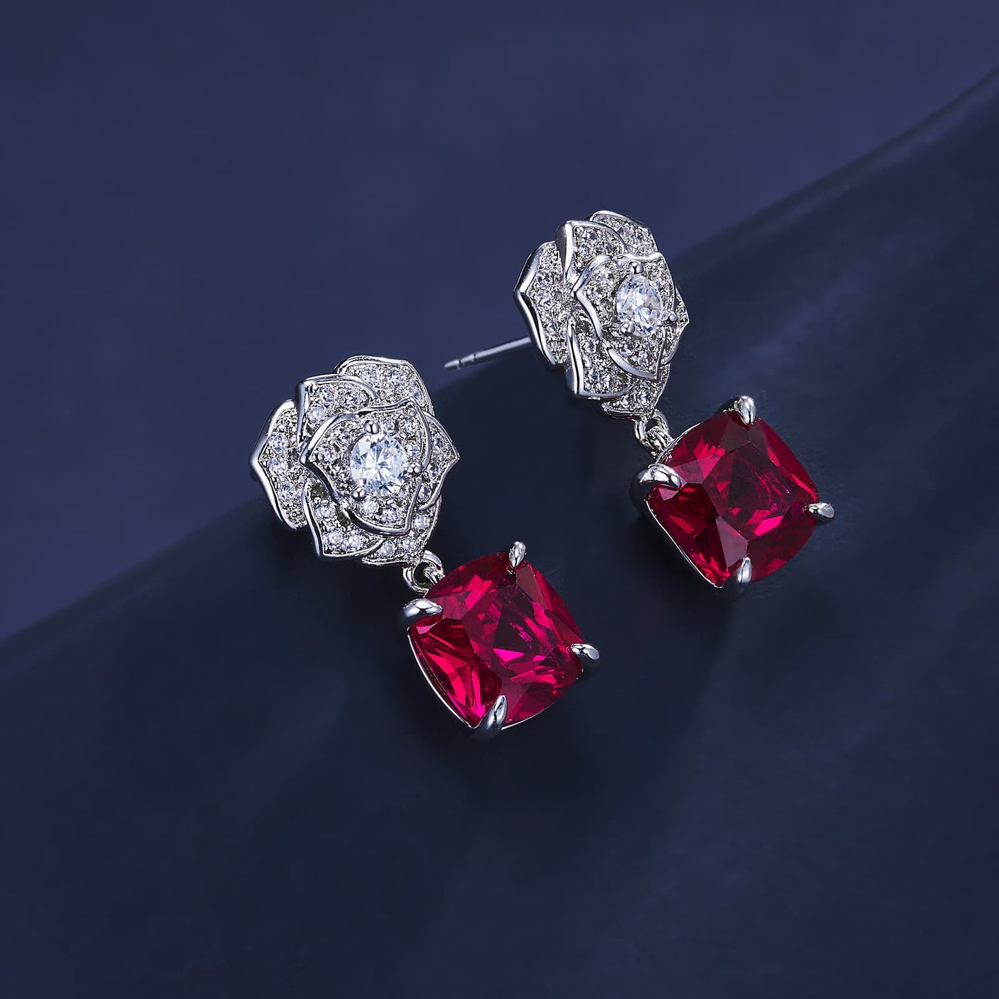 7.55ct Cushion Lab Ruby Earring | Rhodium-Plated S925 Silver, Custom Available