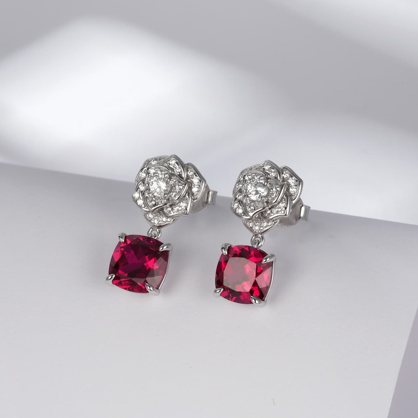 7.55ct Cushion Lab Ruby Earring | Rhodium-Plated S925 Silver, Custom Available