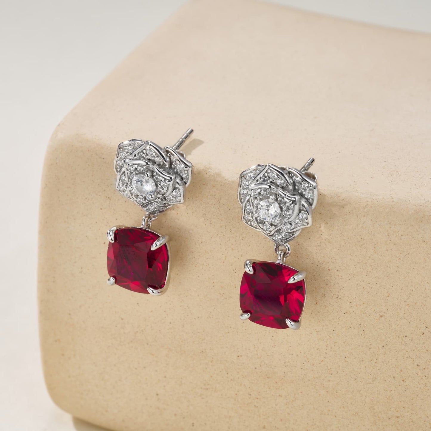 7.55ct Cushion Lab Ruby Earring | Rhodium-Plated S925 Silver, Custom Available