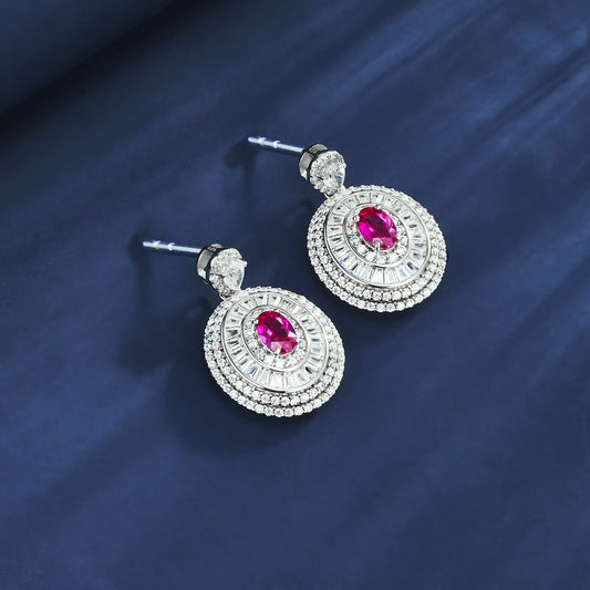 Oval Lab Ruby Earring | Rhodium-Plated S925 Silver, Custom Available