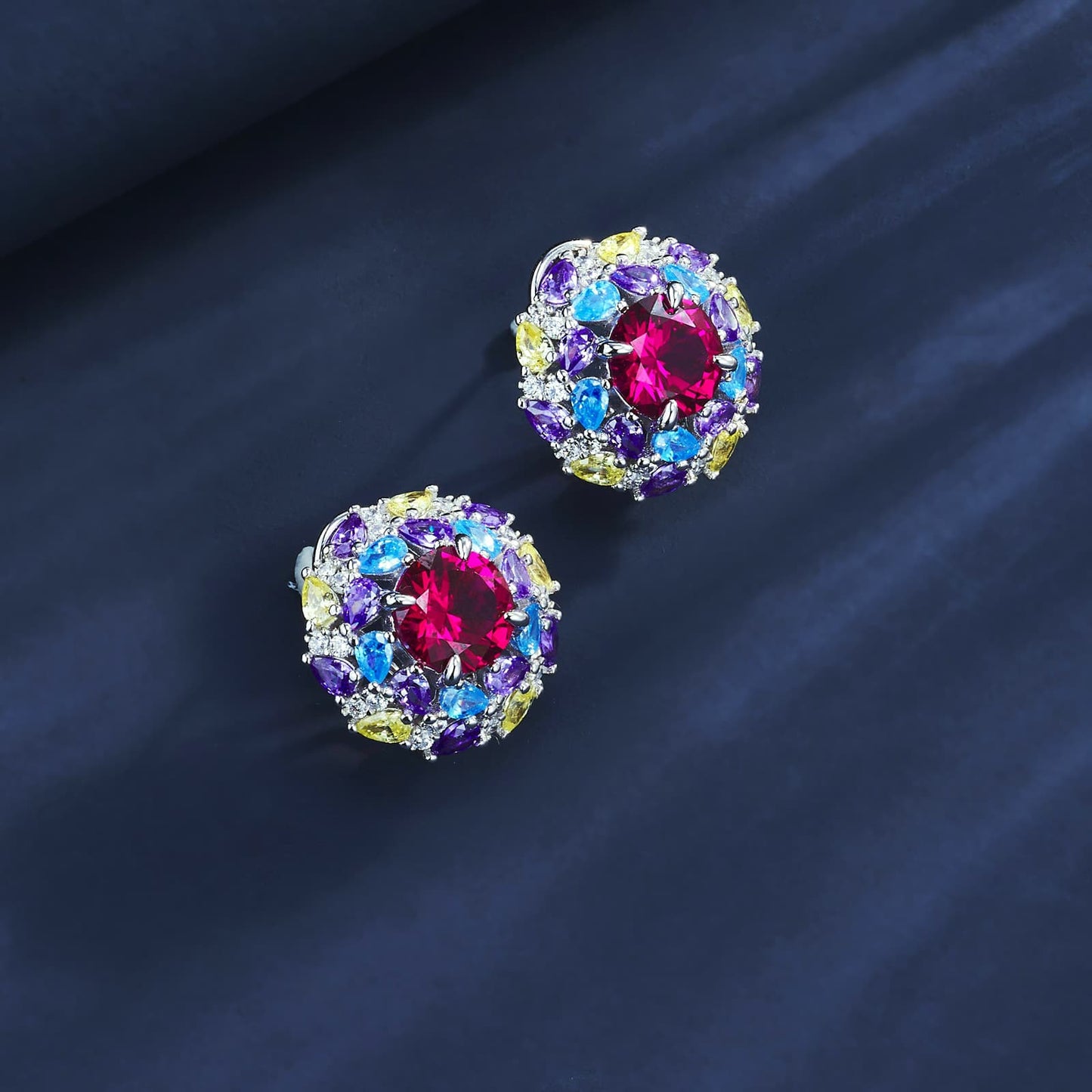 Round Lab Ruby Earring | Rhodium-Plated S925 Silver, Custom Available