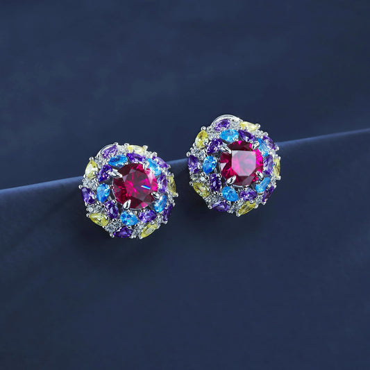 Round Lab Ruby Earring | Rhodium-Plated S925 Silver, Custom Available