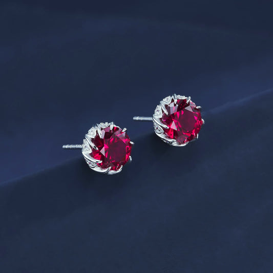 5ct Round Lab Ruby Earring | Rhodium-Plated S925 Silver, Custom Available