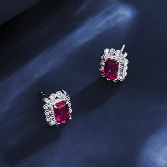 Cushion Lab Ruby Earring | Rhodium-Plated S925 Silver, Custom Available