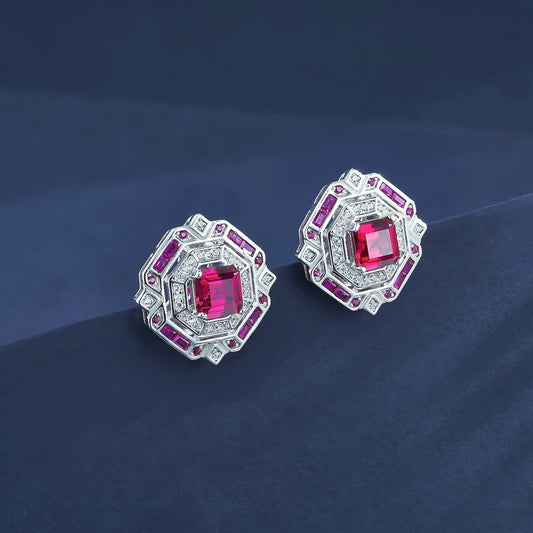 Geometry Lab Ruby Earring | Rhodium-Plated S925 Silver, Custom Available