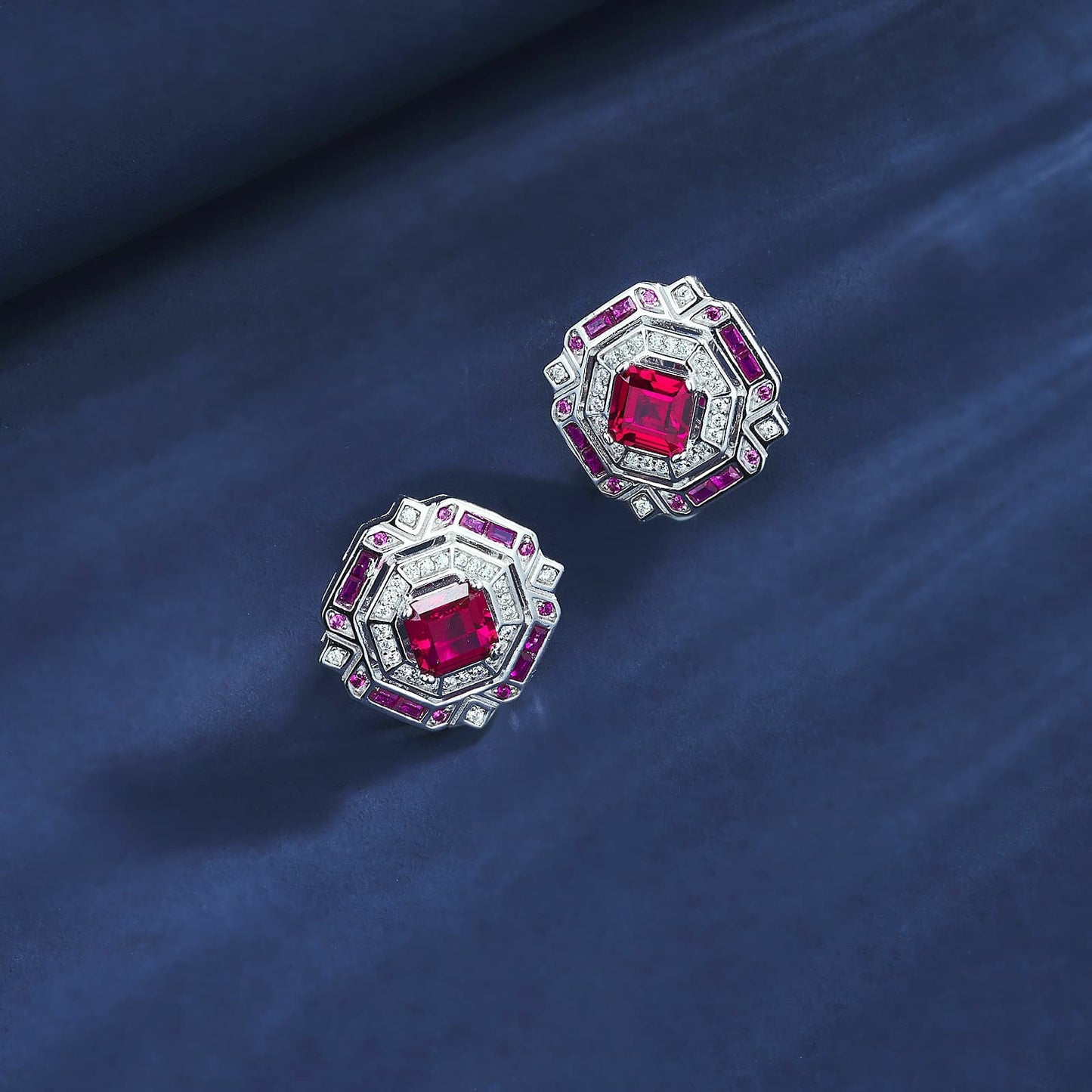 Geometry Lab Ruby Earring | Rhodium-Plated S925 Silver, Custom Available