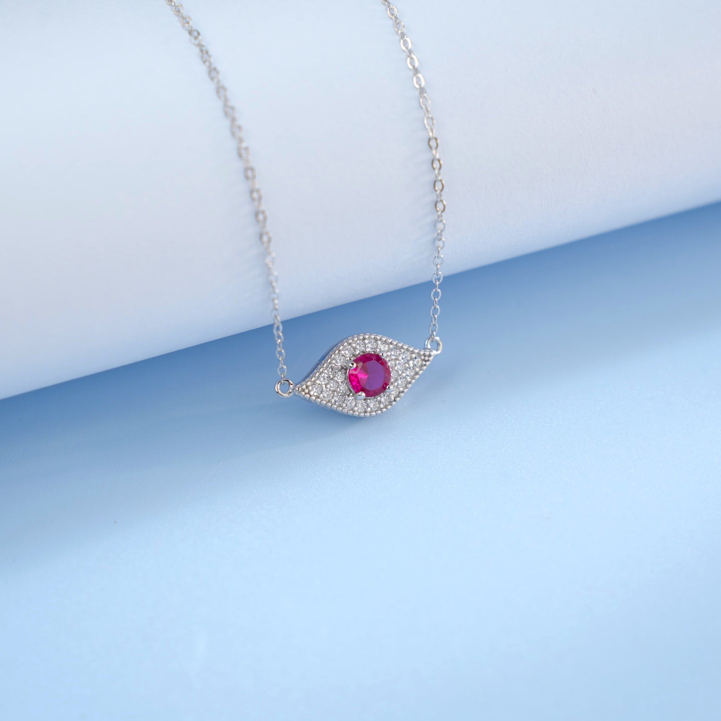 Round Lab Ruby Necklace | Rhodium-Plated S925 Silver, Custom Available