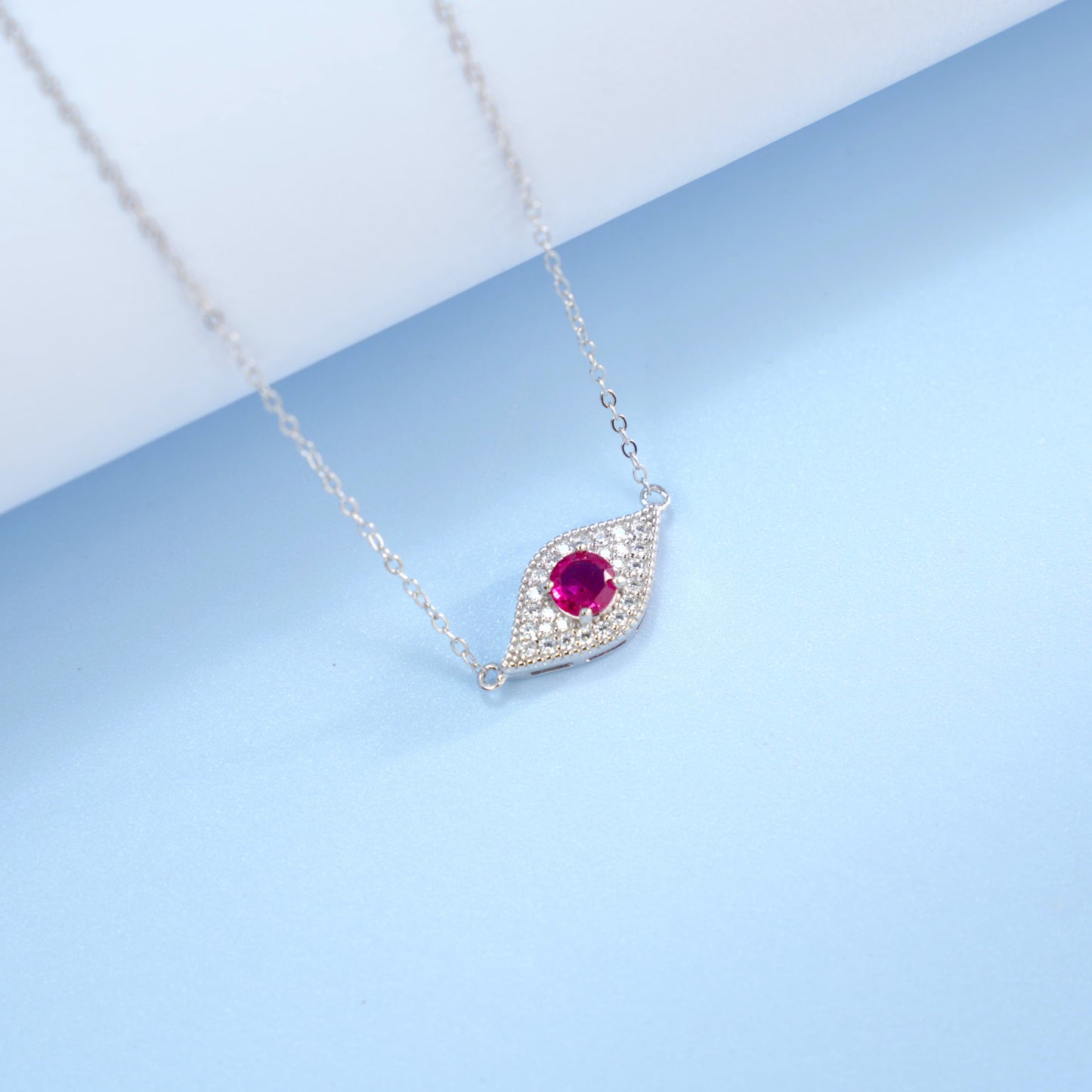 Round Lab Ruby Necklace | Rhodium-Plated S925 Silver, Custom Available