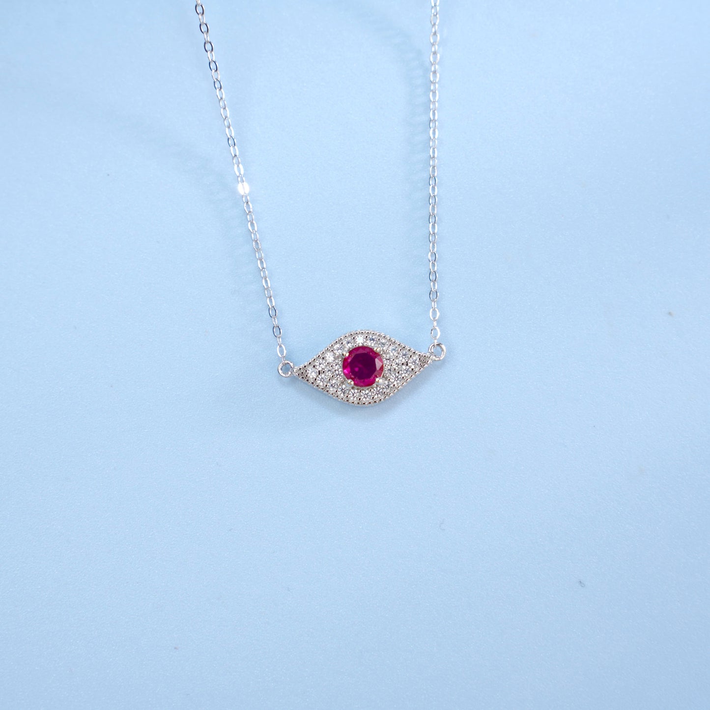 Round Lab Ruby Necklace | Rhodium-Plated S925 Silver, Custom Available