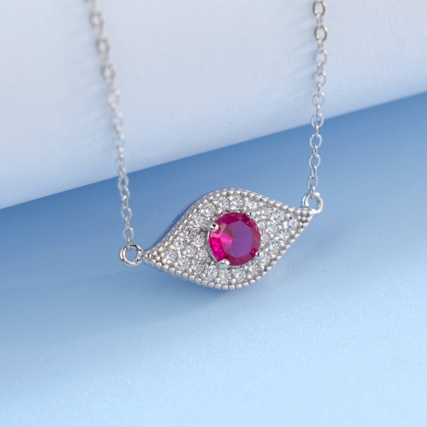Round Lab Ruby Necklace | Rhodium-Plated S925 Silver, Custom Available