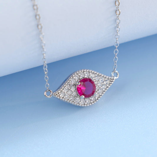 Round Lab Ruby Necklace | Rhodium-Plated S925 Silver, Custom Available