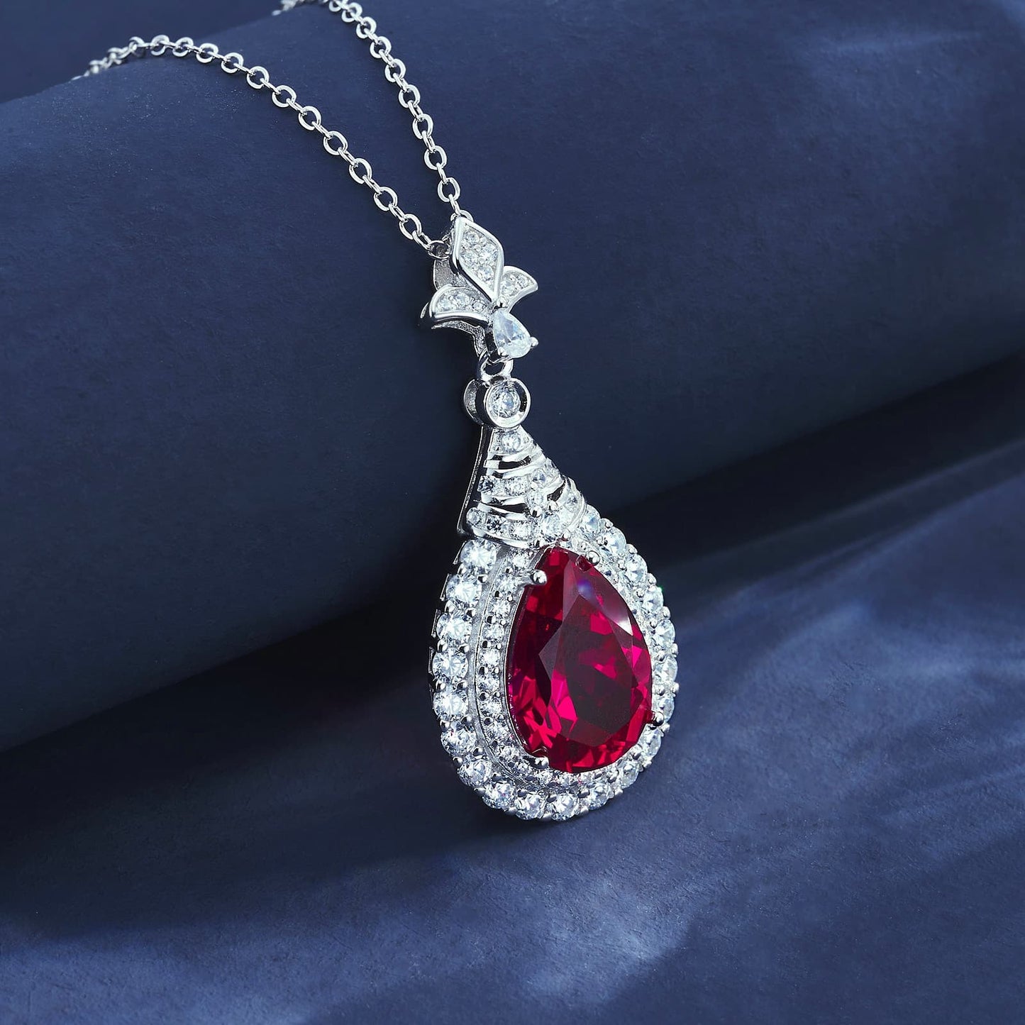 4.98ct Pear Lab Ruby Necklace | Rhodium-Plated S925 Silver, Custom Available