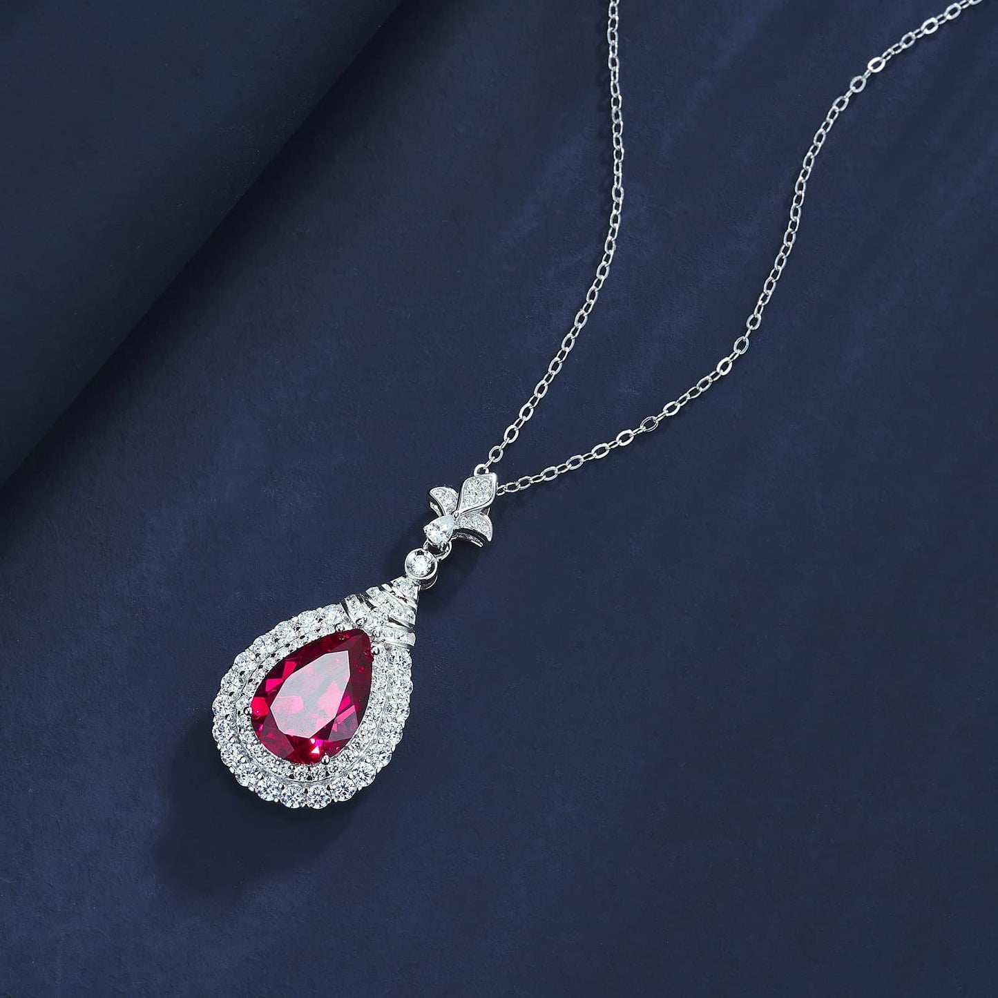 4.98ct Pear Lab Ruby Necklace | Rhodium-Plated S925 Silver, Custom Available
