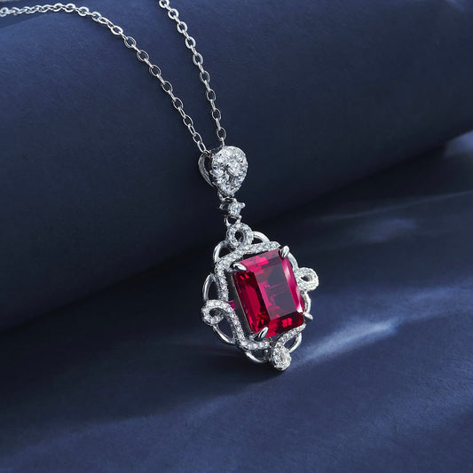 3ct Octagon Lab Ruby Necklace | Rhodium-Plated S925 Silver, Custom Available