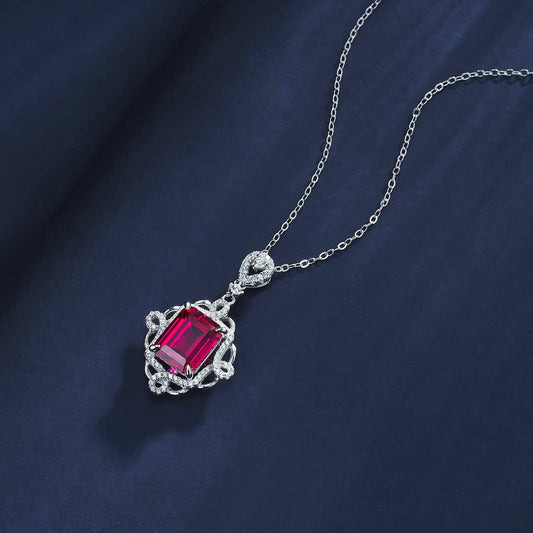 3ct Octagon Lab Ruby Necklace | Rhodium-Plated S925 Silver, Custom Available