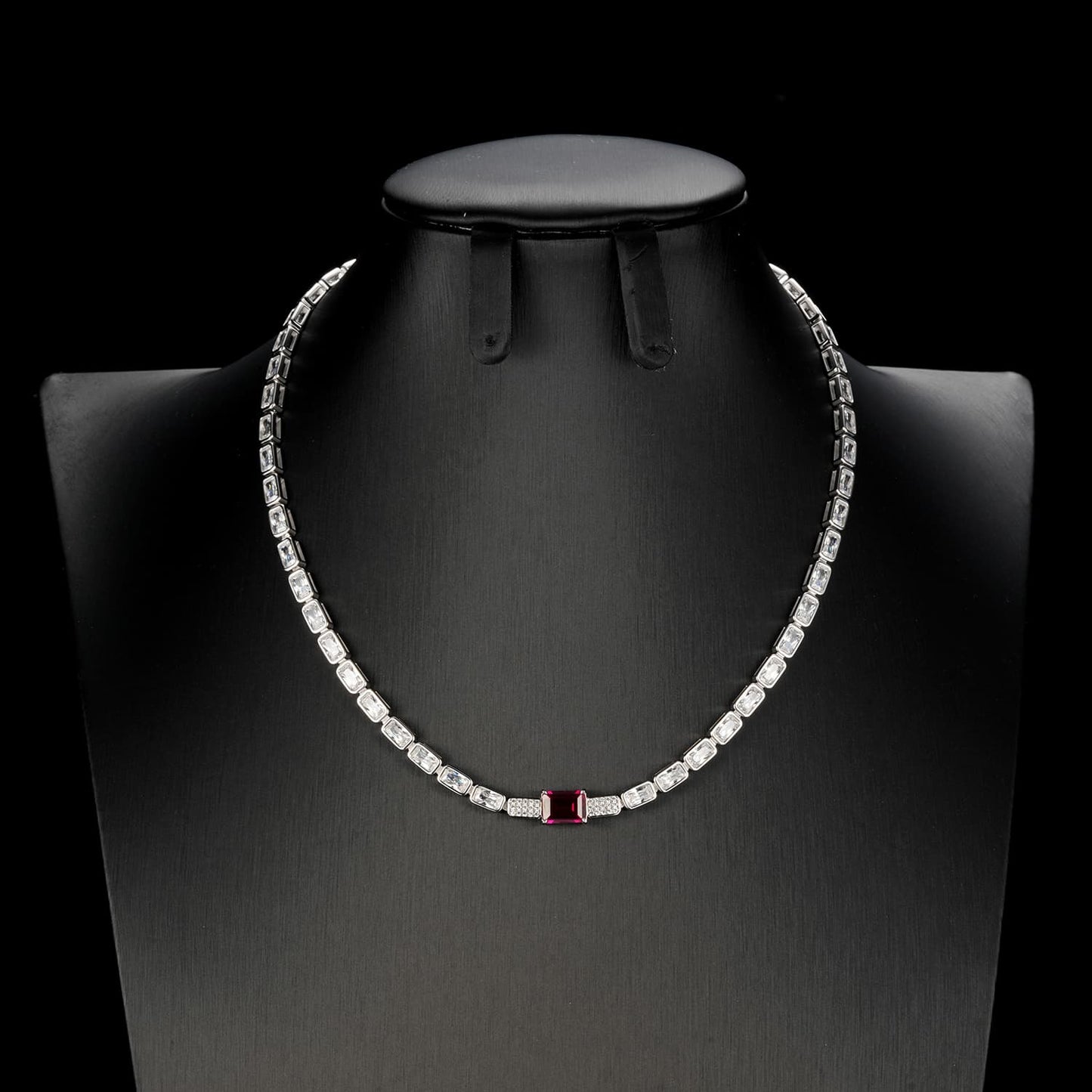 Baguette Lab Ruby Necklace | Rhodium-Plated S925 Silver, Custom Available