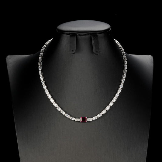Baguette Lab Ruby Necklace | Rhodium-Plated S925 Silver, Custom Available