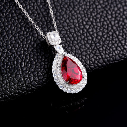 Pear Lab Ruby Necklace | Rhodium-Plated S925 Silver, Custom Available