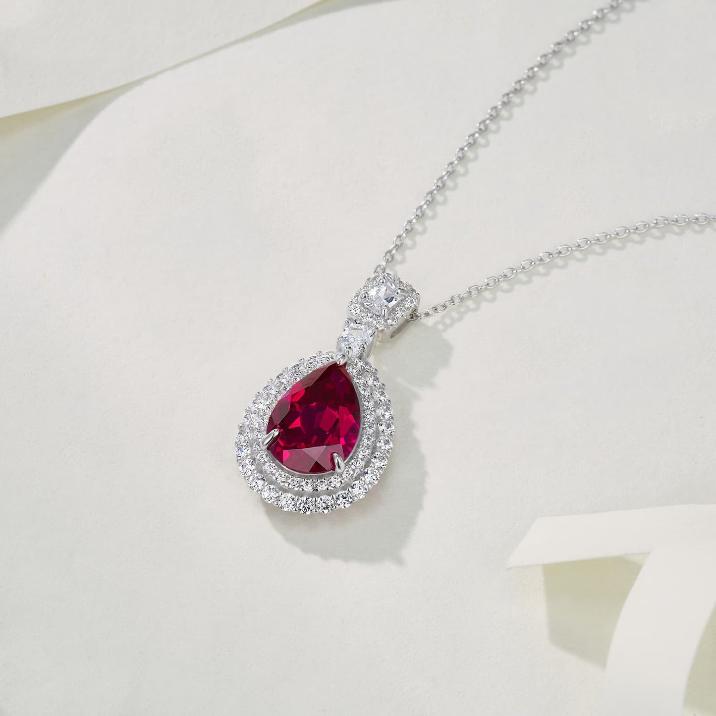 Pear Lab Ruby Necklace | Rhodium-Plated S925 Silver, Custom Available