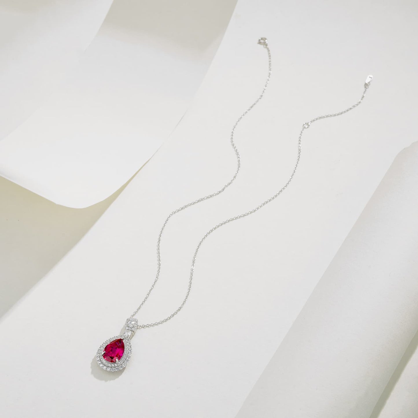 Pear Lab Ruby Necklace | Rhodium-Plated S925 Silver, Custom Available