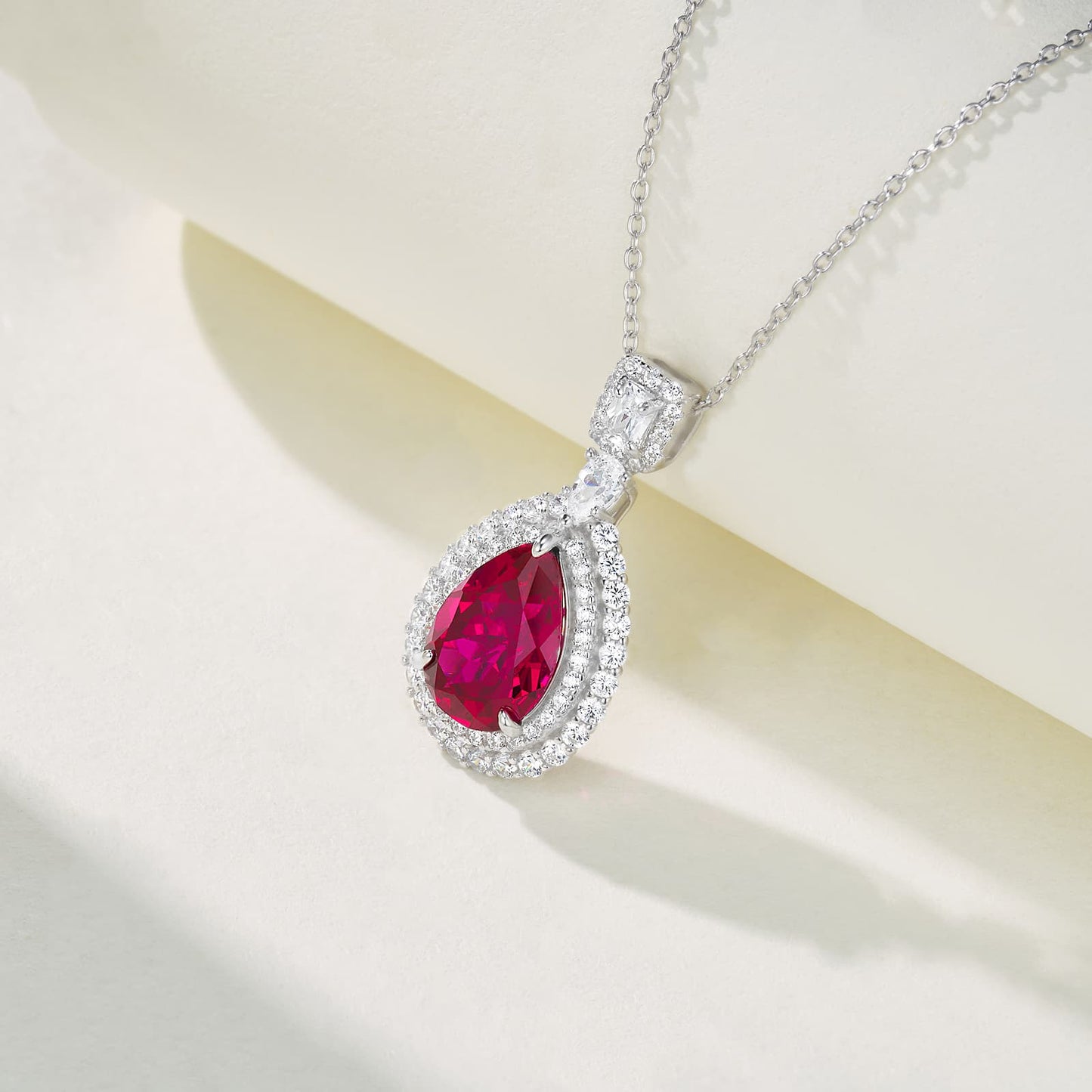 Pear Lab Ruby Necklace | Rhodium-Plated S925 Silver, Custom Available