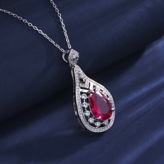 3.42ct Pear Lab Ruby Necklace | Rhodium-Plated S925 Silver, Custom Available