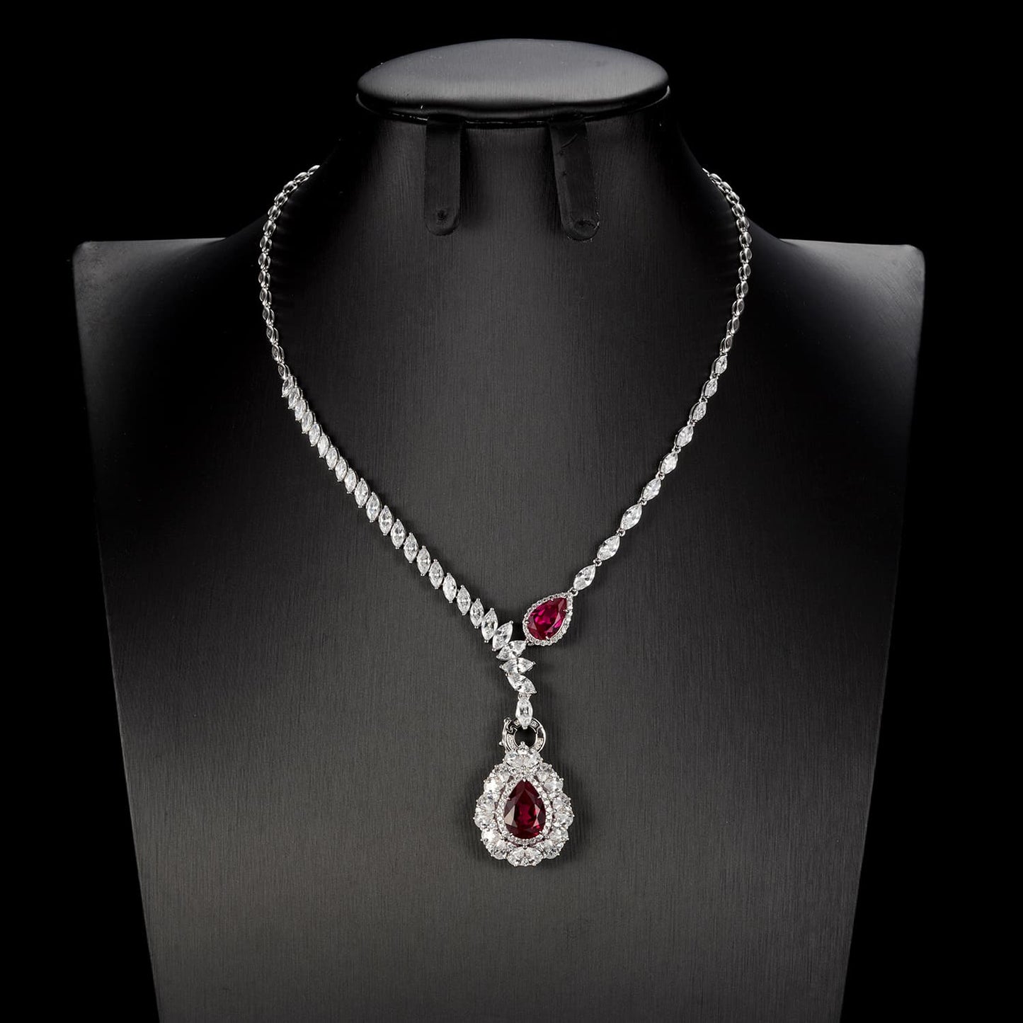 Pear Lab Ruby Necklace | Rhodium-Plated S925 Silver, Custom Available