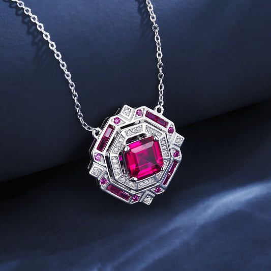 3.18ct Geometry Lab Ruby Necklace | Rhodium-Plated S925 Silver, Custom Available