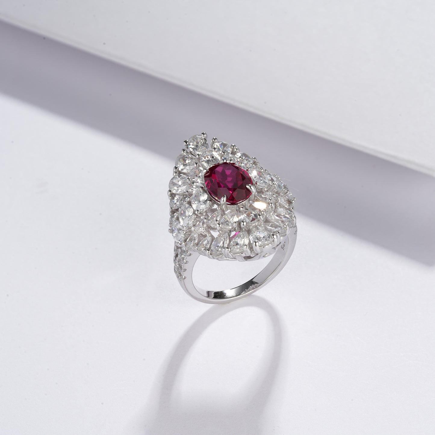 2ct Geometry Lab Ruby Ring | Rhodium-Plated S925 Silver, Custom Available