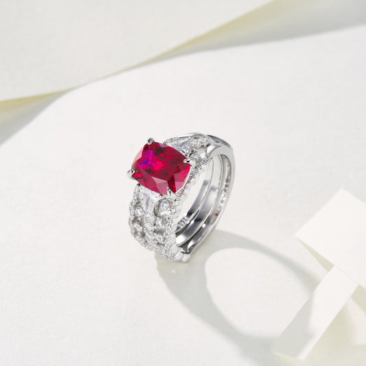 3.89ct Cushion Lab Ruby Ring | Rhodium-Plated S925 Silver, Custom Available