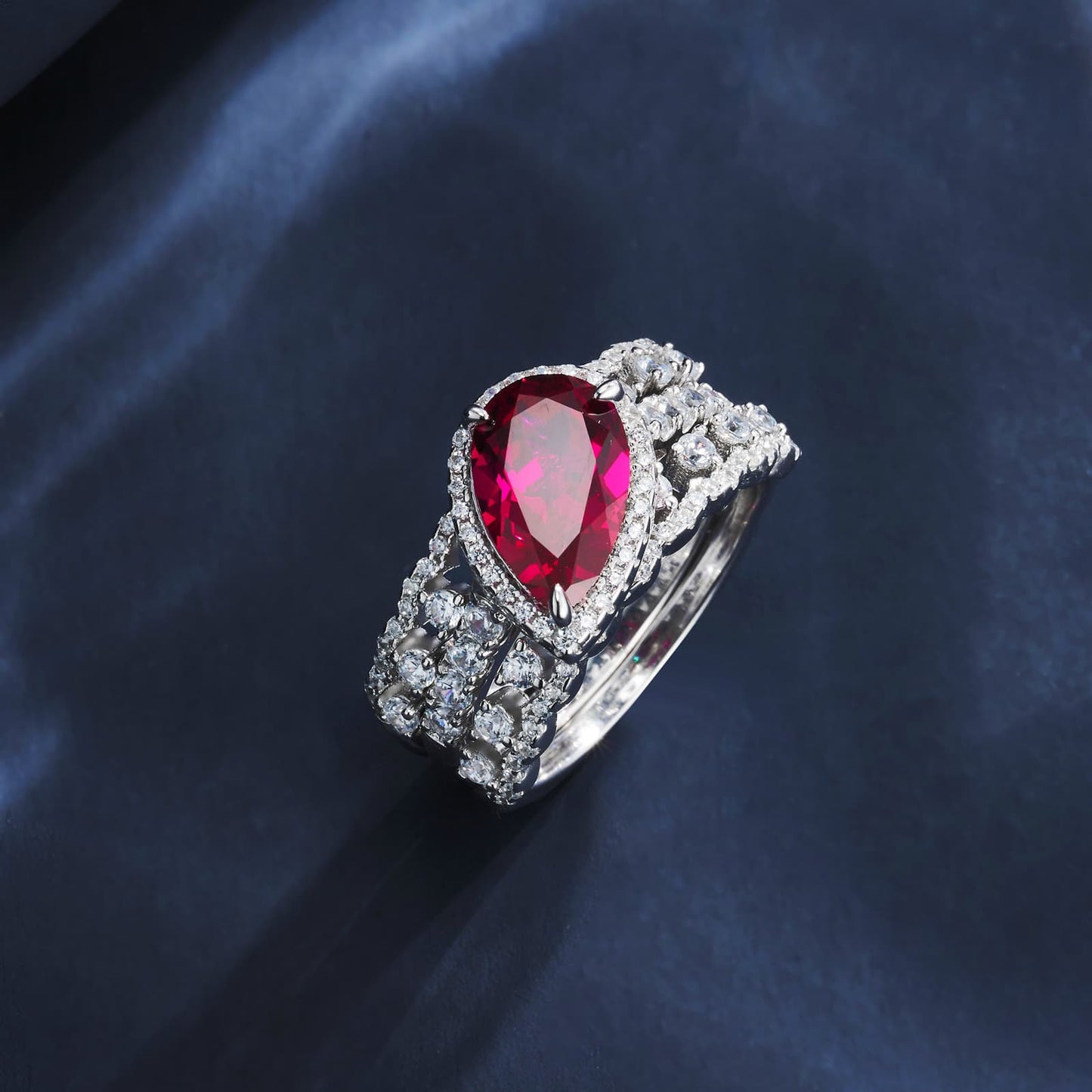 2.95ct Pear Lab Ruby Ring | Rhodium-Plated S925 Silver, Custom Available