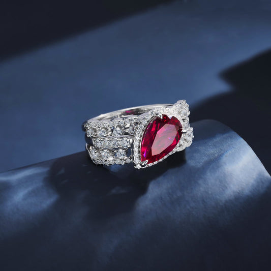 2.95ct Pear Lab Ruby Ring | Rhodium-Plated S925 Silver, Custom Available