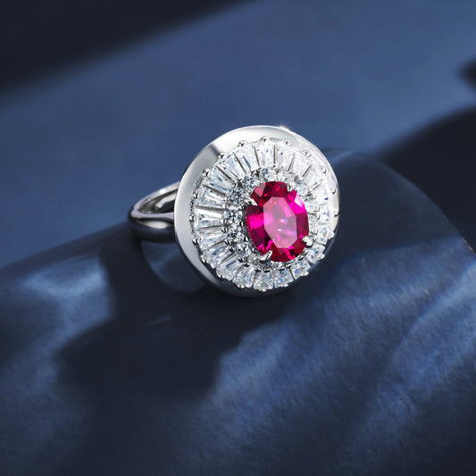 Round Lab Ruby Ring | Rhodium-Plated S925 Silver, Custom Available