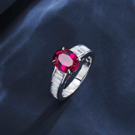 2.5ct Oval Lab Ruby Ring | Rhodium-Plated S925 Silver, Custom Available