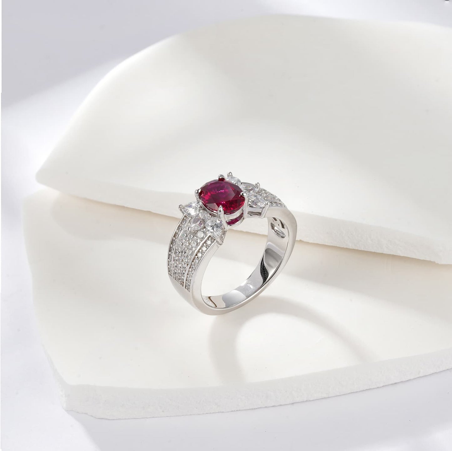 2ct Oval Lab Ruby Ring | Rhodium-Plated S925 Silver, Custom Available