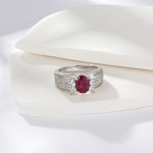 2ct Oval Lab Ruby Ring | Rhodium-Plated S925 Silver, Custom Available
