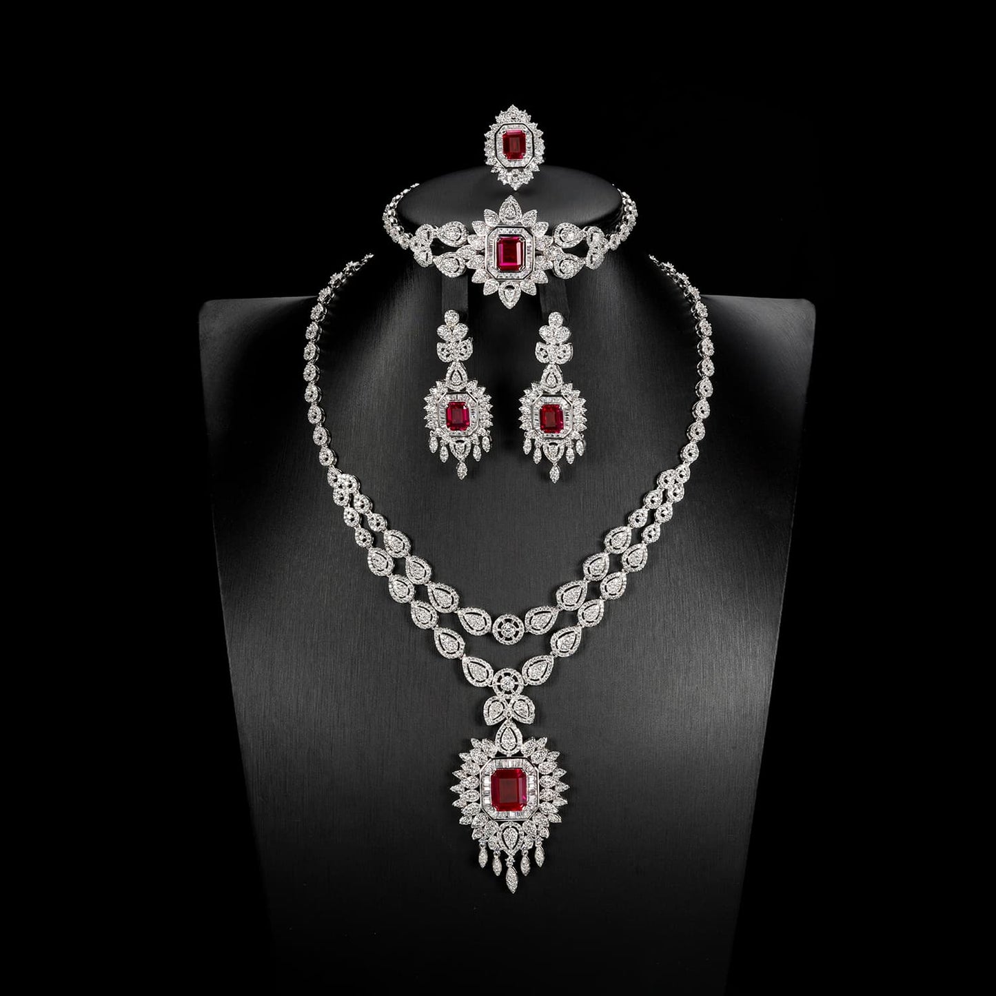 Rectangle Lab Ruby Jewelry Set | Rhodium-Plated S925 Silver, Custom Available