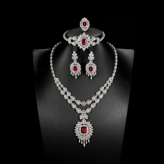 Rectangle Lab Ruby Jewelry Set | Rhodium-Plated S925 Silver, Custom Available