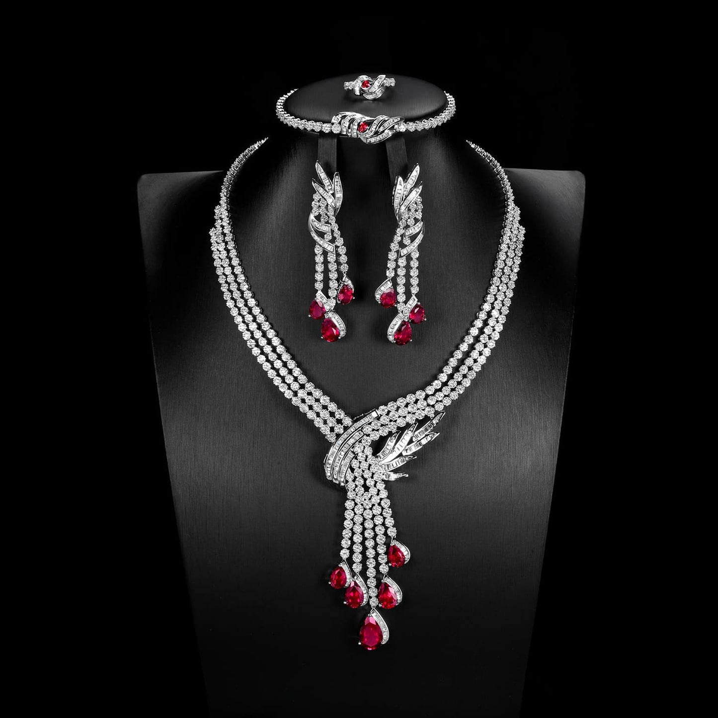 Pear Lab Ruby Jewelry Set | Rhodium-Plated S925 Silver, Custom Available