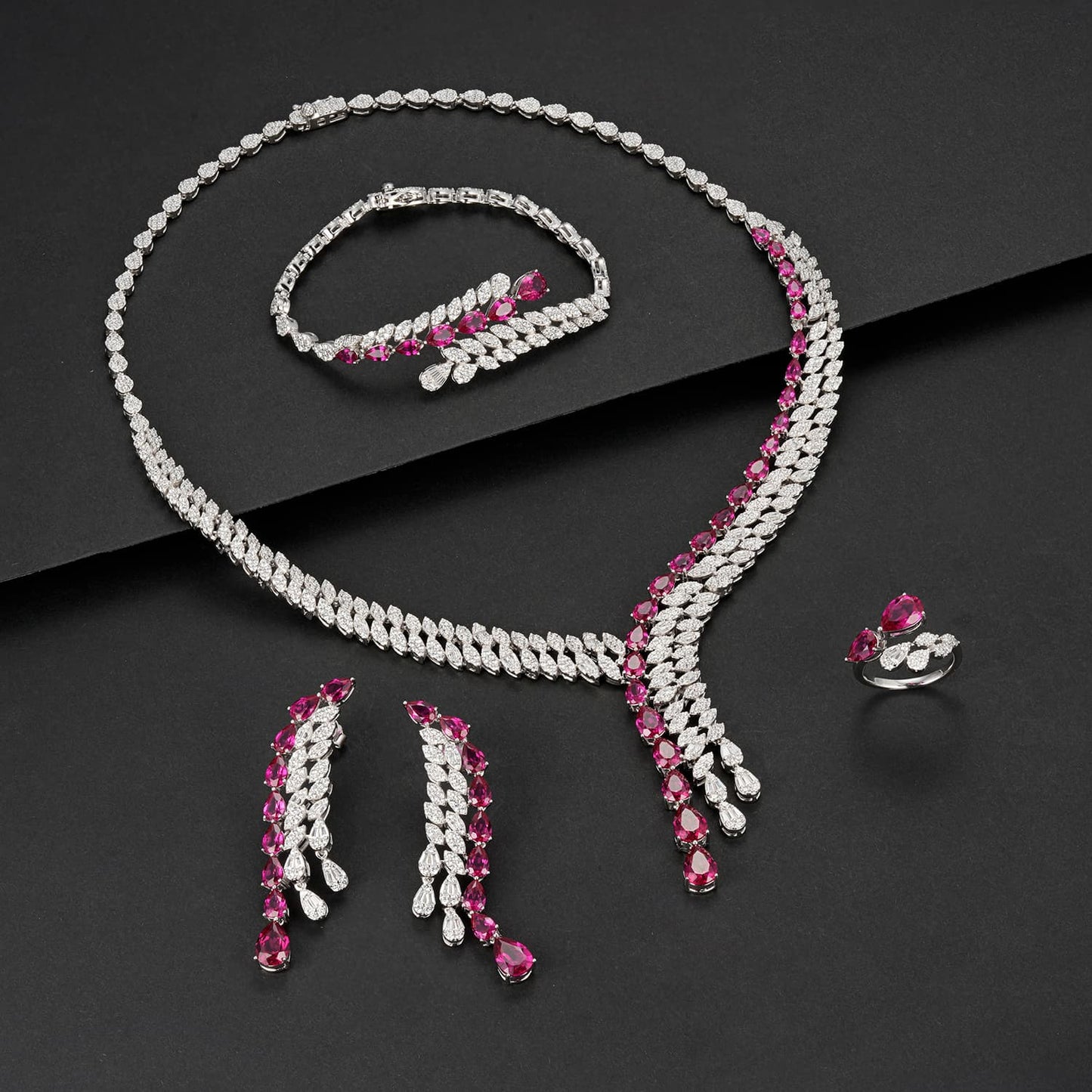 Pear Lab Ruby Jewelry Set | Rhodium-Plated S925 Silver, Custom Available