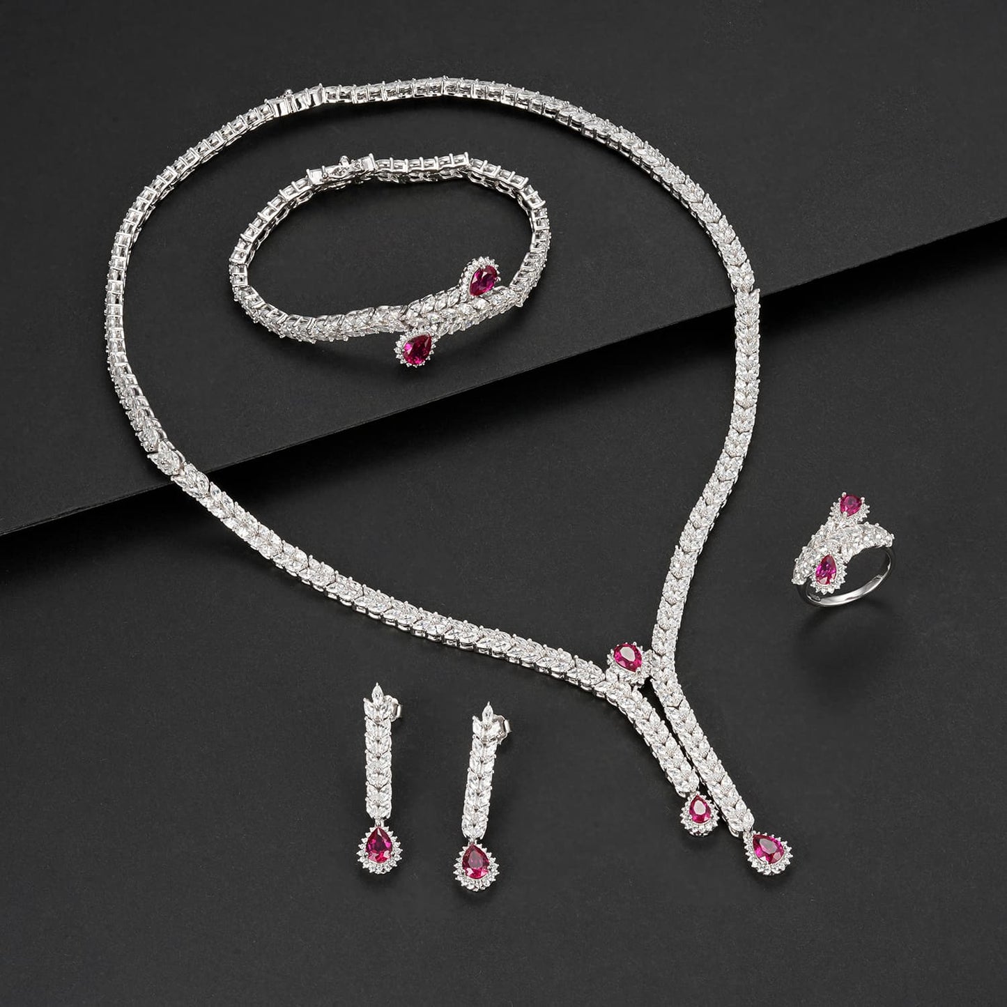 Pear Lab Ruby Jewelry Set | Rhodium-Plated S925 Silver, Custom Available
