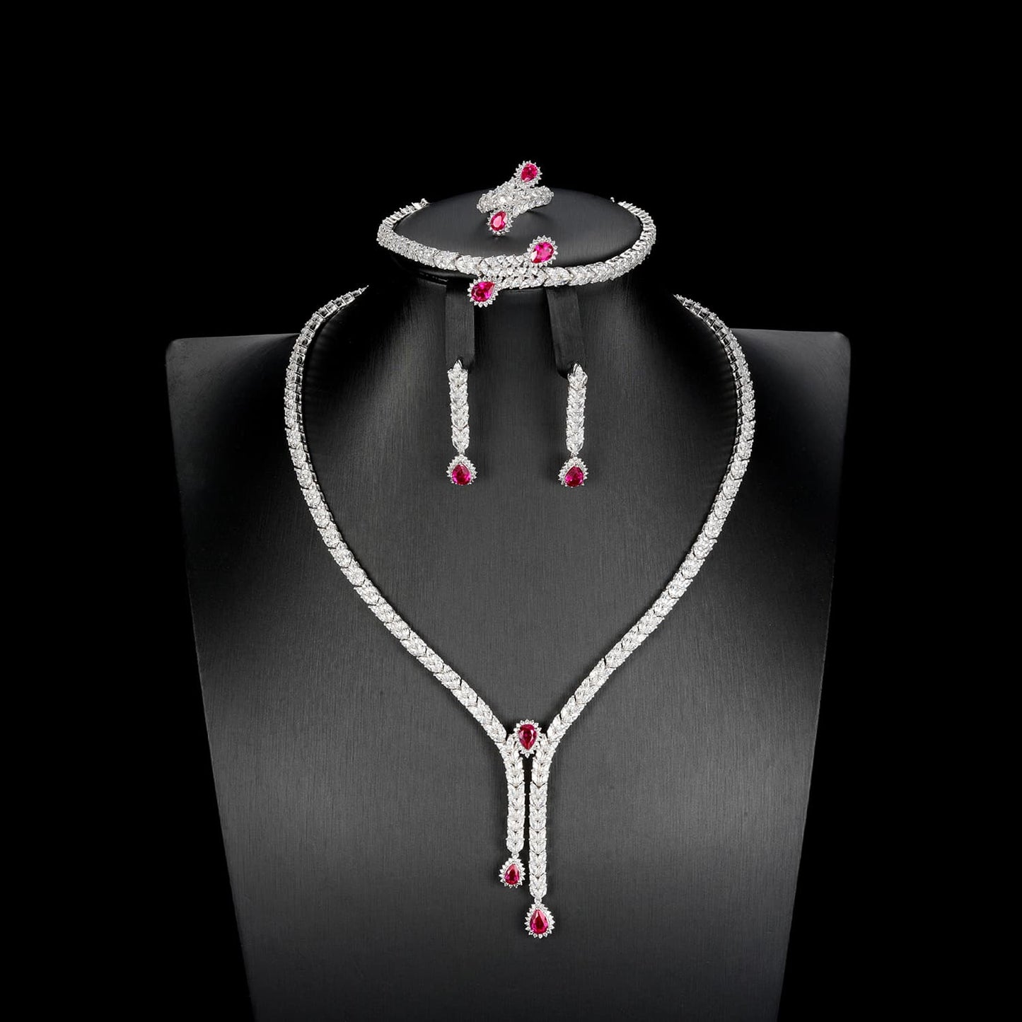 Pear Lab Ruby Jewelry Set | Rhodium-Plated S925 Silver, Custom Available