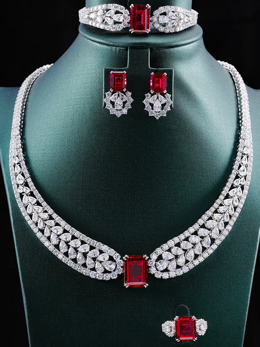 Rectangle Lab Ruby Jewelry Set | Rhodium-Plated S925 Silver, Custom Available