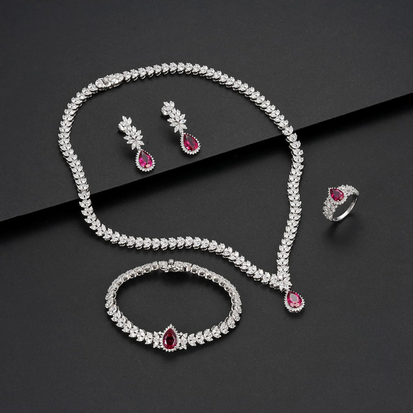 Pear Lab Ruby Jewelry Set | Rhodium-Plated S925 Silver, Custom Available
