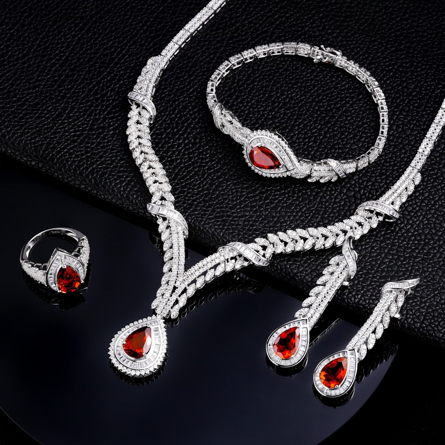 Pear Lab Ruby Jewelry Set | Rhodium-Plated S925 Silver, Custom Available